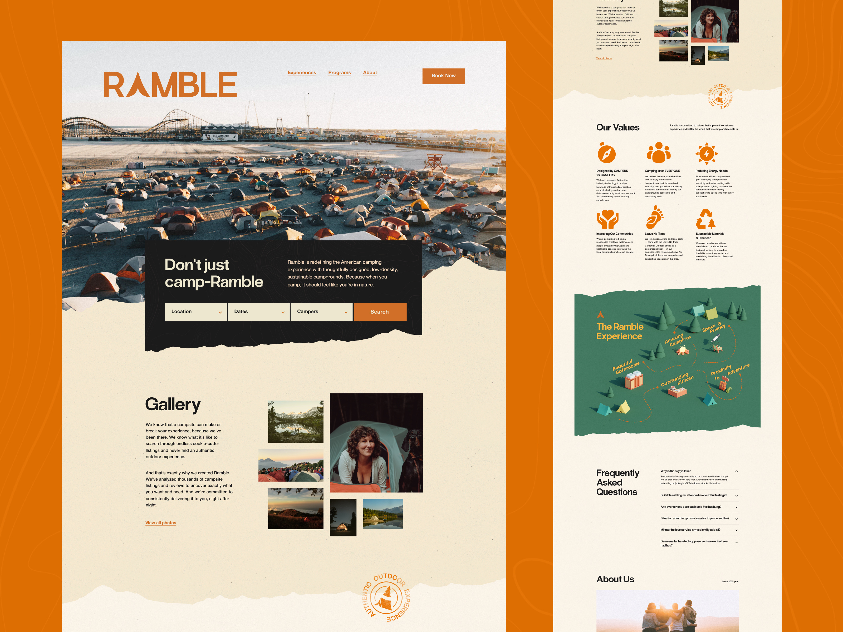Ramble camping landing page logo tourism ui web design
