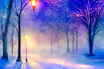 Snowy Winter Landscape Painting | AI ai art beautiful blue breathtaking cold illustration lamp landscape night road scenery snow snowy street streetlamp stunning trees wallpaper winter