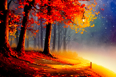 Foggy Autumn Landscape Painting | AI ai art autumn beautiful breathtaking burning fall forest illustration lamp landscape leaves lights night road scenery stunning trees wallpaper wood