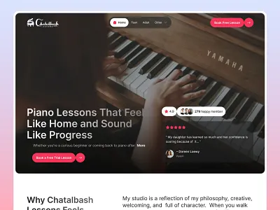 Chatalbash Lessons – Piano Studio Homepage Design about page case study chatalbash lessons conversion design creative studio education website hero section homepage design landing page music music lessons music store music website musical instument piano education website piano lessons website piano studio piano teacher squarespace website website redesign