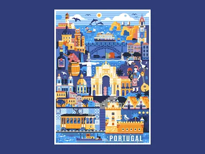 Portugal Travel Poster cityscape flat design illustration landmarks lisboa lissabon portu portugal portuguese poster print skyline travel