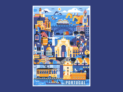 Portugal Travel Poster cityscape flat design illustration landmarks lisboa lissabon portu portugal portuguese poster print skyline travel