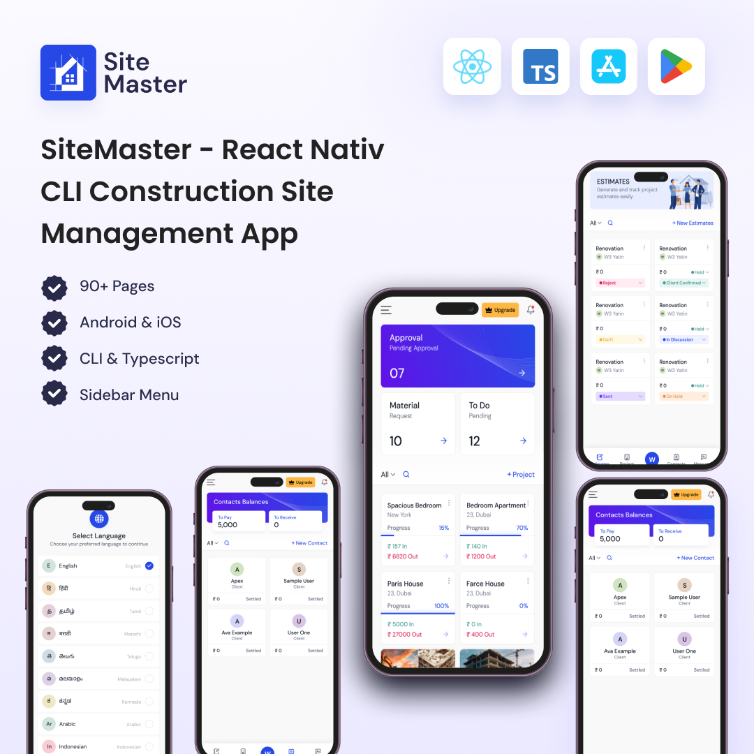 SiteMaster - React Native CLI Construction Management App branding creative design illustration logo product design template ui uiux website