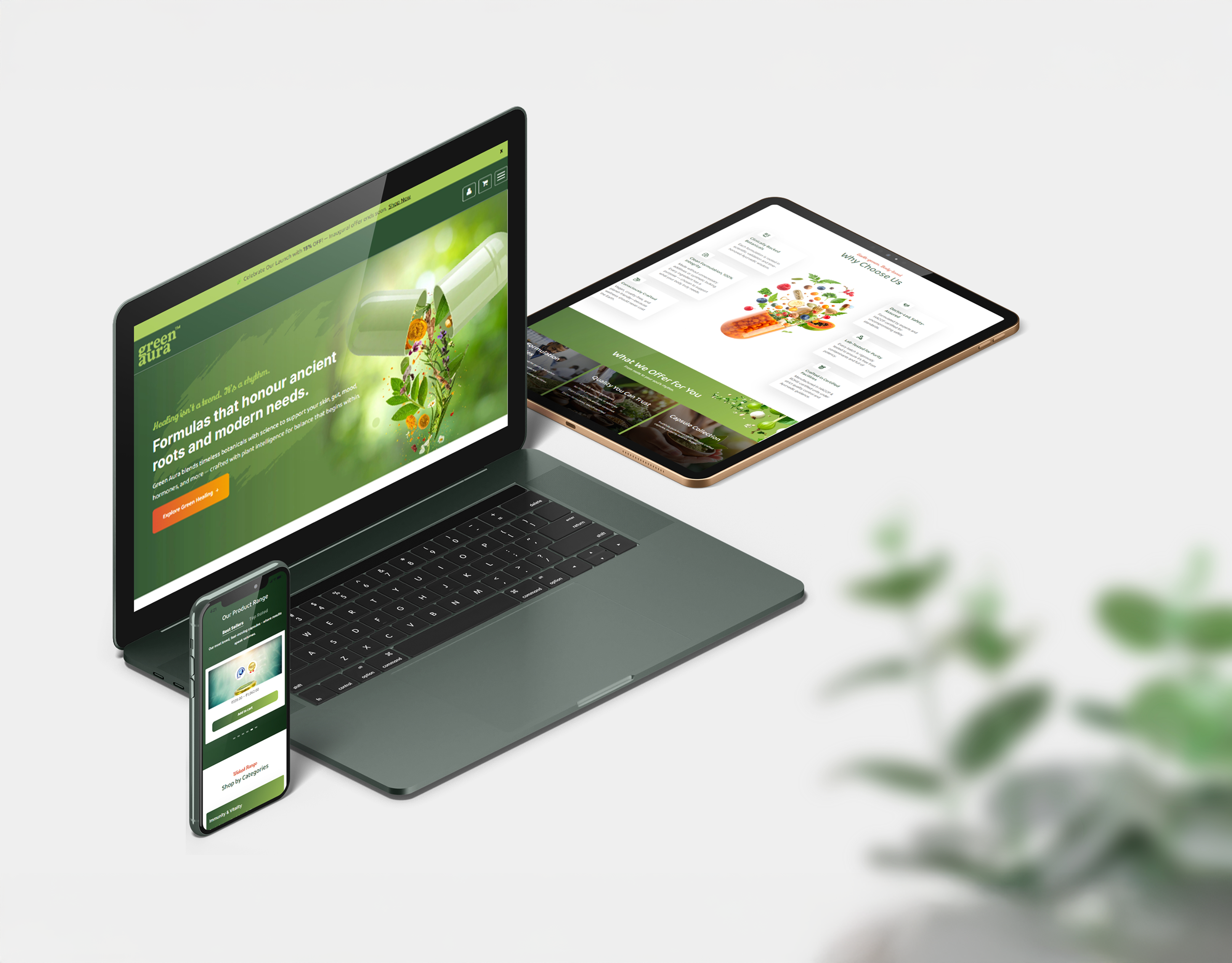 Green Aura ayurveda beauty wellness botonicals branding business calm aesthetic e commerce figma graphic design health lifestyle nature nutrition organic products responsive design sustainable living ui uiux design ux design website design wellness