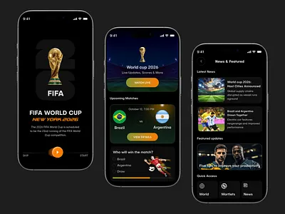 Sports Mobile App 2026 world cup FIFA 2026 world cup app application clean concept dark mode fantasysports fitness football freelancer interface ios 26 mobile mobile design onboarding product design social sport ui ux