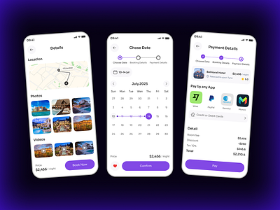 Hotel-Details, Chose Date & Payment Details Screen 3d blue check availability hotel booking hotel reservation hotel searchs map mobile mobile app mobile app design template mobile app template search filters ui design ui design template uiux