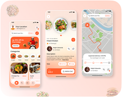 Modern Food Delivery App – Clean UI, Smooth Experience app concept app ui clean ui delivery app dribbble design food app food delivery food ordering food service minimal ui mobile app design mobile design mobile ui modern ui product design restaurant app tracking screen ui design uiux ux design