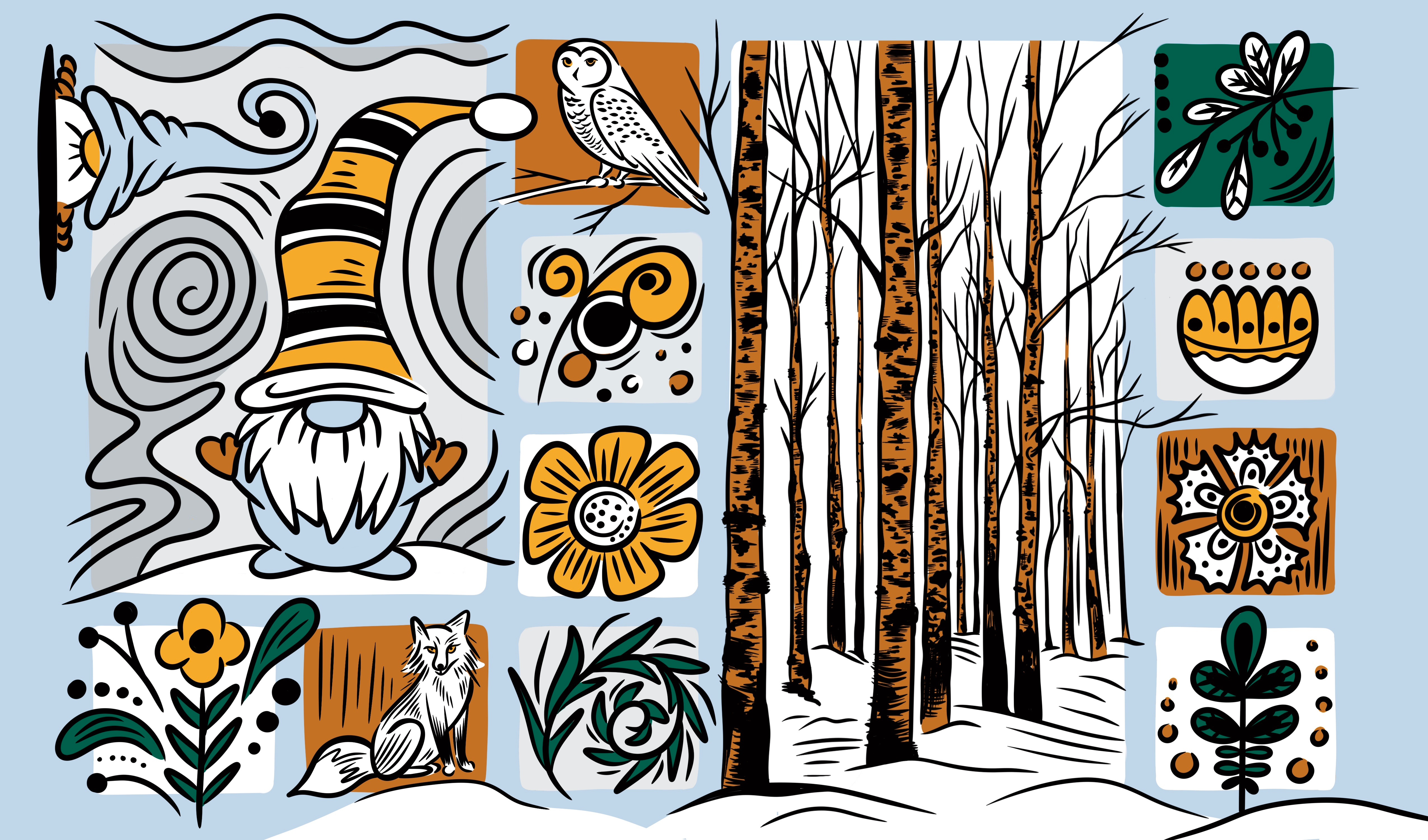 Winter Scene in Sweden digital art digital drawing drawing elf fox illustration landscape line art monochromatic nature outdoors owl pattern procreate scene simple snow sweden winter winter weather