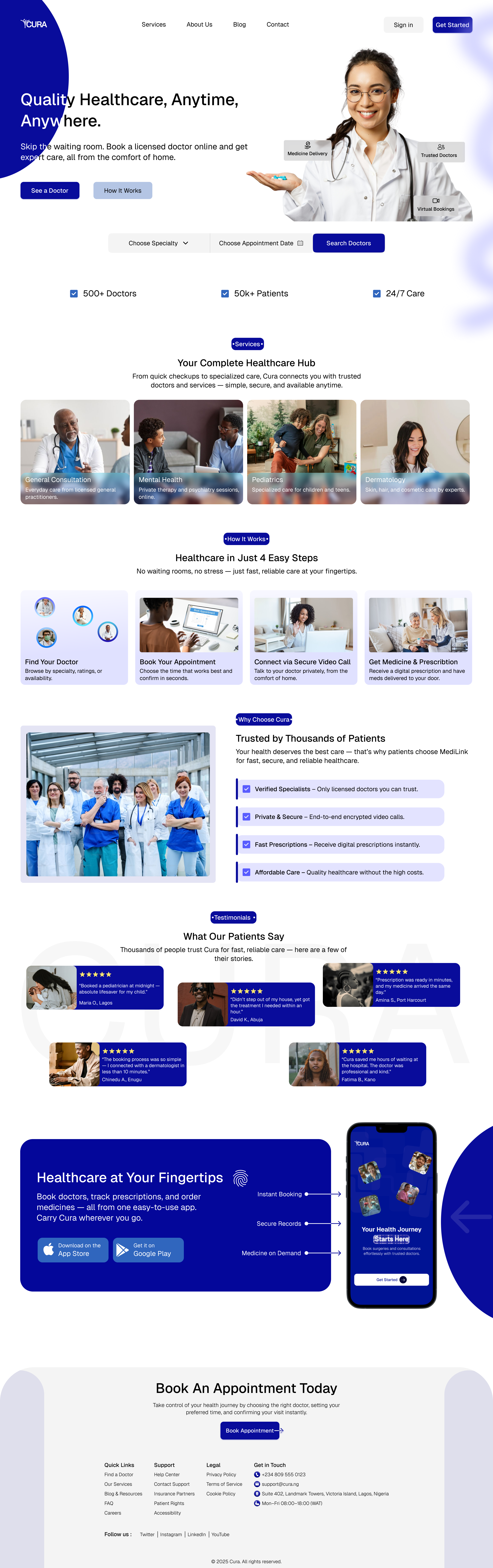 Cura Healthcare Website blue booking branding color cura design download footer health healthcare hospital product design typography ui user interface ux website