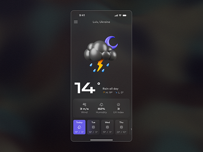 Dark Mode Weather App Concept ⛈️ 3dillustration concept dailyui dailyui 037 darkmode interface ios mobileapp ui ux weatherapp