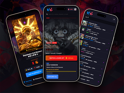 Vibenime – Gamified Anime Discovery 🎌 anime animedesign appdesign concept darkmode design designexploration designsystem engagement exploration figma gamification levelup mobileui otaku ui uidesign ux watchlist