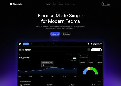 Financely - Income tracking landing page. dashboard design desktop expensetracker finance minimal modern moneytracker ui uidesign uxdesign website websitedesign