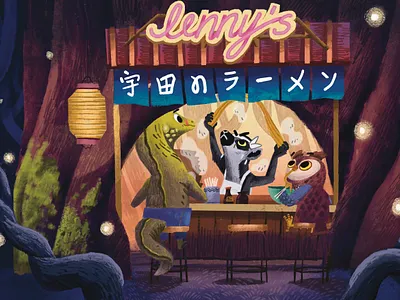 Ramen shop in the woods character design childrens book cozy digital illustration energetic illustration kidlit picture book storybooks