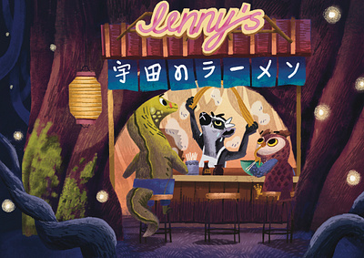 Ramen shop in the woods character design childrens book cozy digital illustration energetic illustration kidlit picture book storybooks