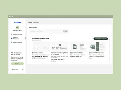 AI Product design interface employees import flow ✦ Wellset ai animation clean dashboard design interaction interface motion graphics product design service startup ui ux