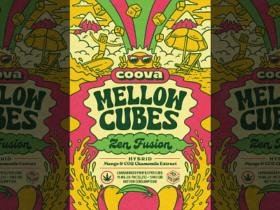 Zen Fusion branding cannabis design edibles good vibes graphic design gummies illustration logo design mango marihuana ocean packaging retro design retro logo summer sun surf trippy waves