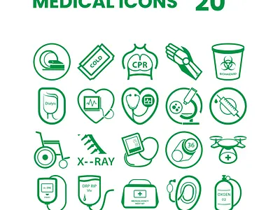 Collection of hand drawn medical and healthcare icons in green pharmacy