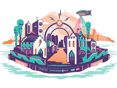 Bergenfest Fortress Animation blimp bolt equalizer festival fireworks fortress lightning mountain music rave sound soundboard speaker