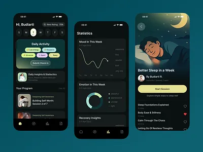 UI Mental Health App breathing chart clean dark mode emotion figma habit tracker meditation mental health midfulness minimal mood tracker relaxation self care sleep statistics ui ux wellness