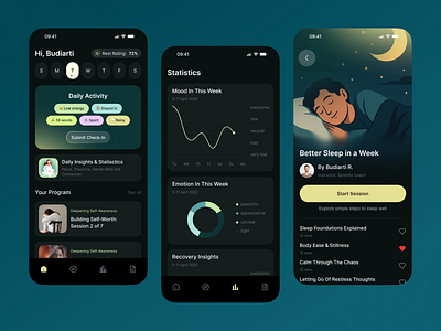 UI Mental Health App breathing chart clean dark mode emotion figma habit tracker meditation mental health midfulness minimal mood tracker relaxation self care sleep statistics ui ux wellness