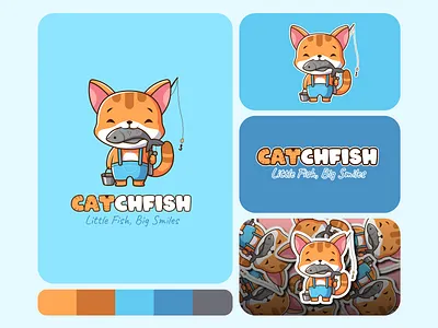 Cute CatchFish Mascot Logo animal blue branding cartoon character cute fishing funny identity illustration kawaii logo mascot vector