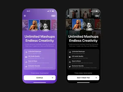 Premium Paywall UI – Music Mashup App app clean darkmode design lightmode mobile mobile app musicapp paywall subscription ui ux