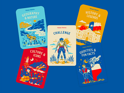 Texas Trivia alamo branding card design game graphic design hill country illustration illustration art logo nasa river space texas texture trivia typography vector western willie nelson
