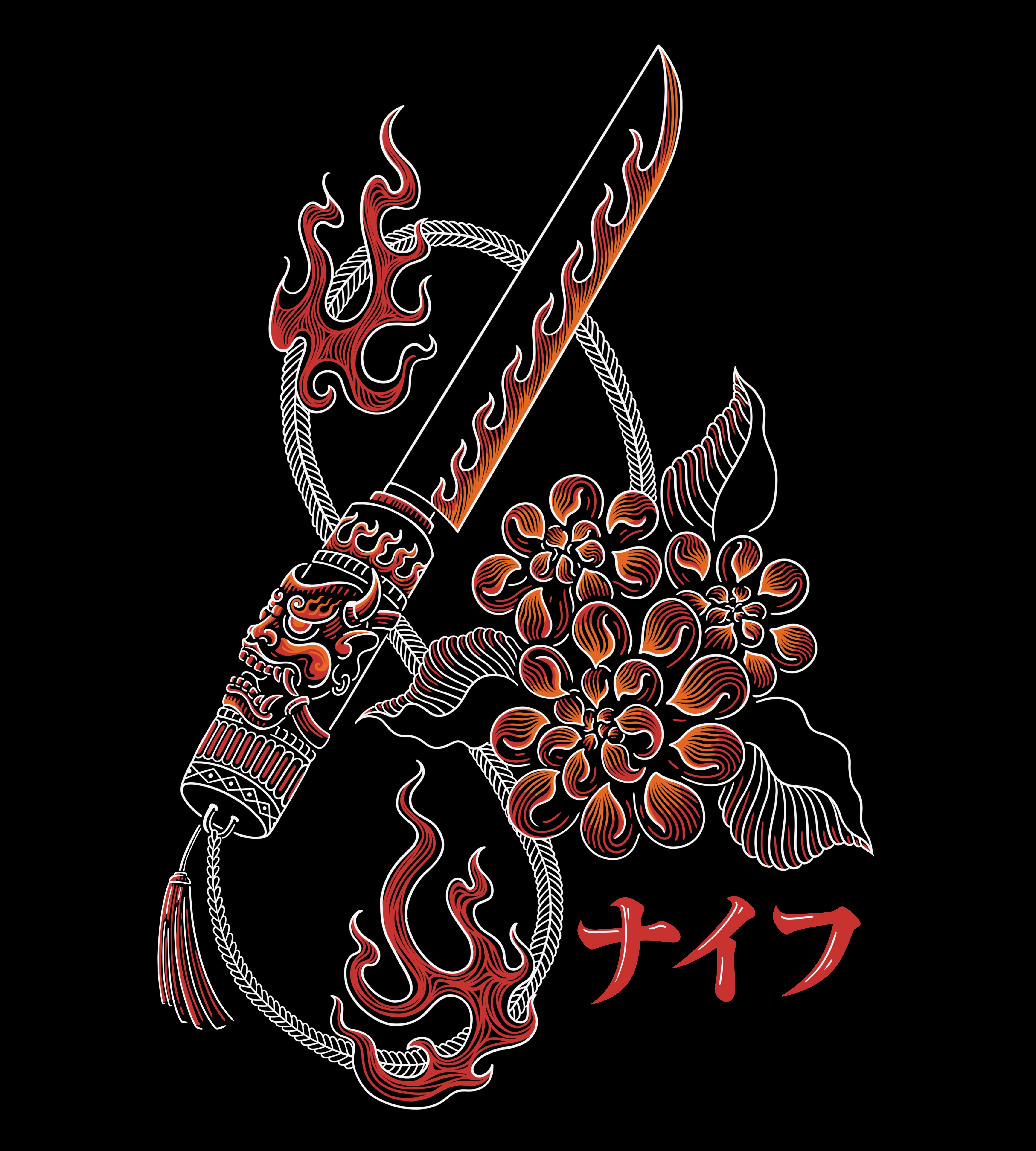 Knife asia botany china devil fire flower illustration japan kitchen knife oni print tattoo tools utensil