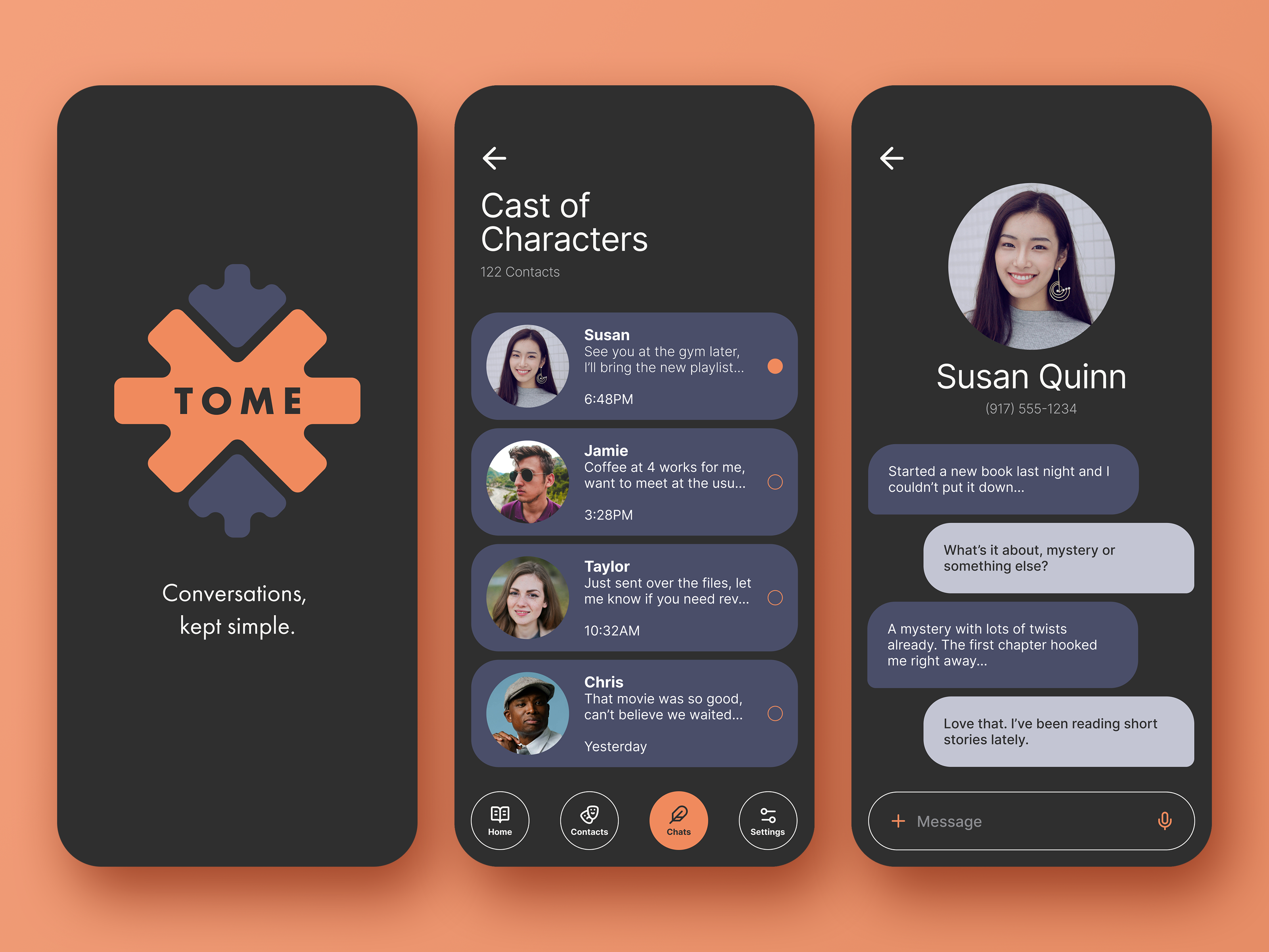 Tome Messaging App Concept: Daily UI #013 appconcept branding chatapp dailyui13 messagingapp minimaldesign mobileappdesign productdesign uidesign uiuxdesign
