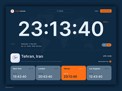 Clock Around – Global Time in a Snap / Dark Mode 3d app branding design graphic design icon illustration illustrator landing page logo minimal product design time typography ui ux vector web web design website