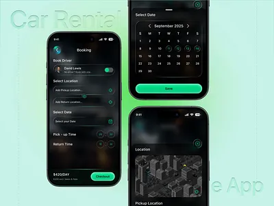 Car Rental Mobile App β Booking Flow UI/UX android app app concept booking app booking flow car rental car rental app clean ui dark mode dashboard dribbble shot figma design ios app minimal ui mobile app modern design ride sharing taxi app travel app ux design vehicle rental
