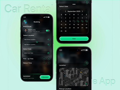 Car Rental Mobile App – Booking Flow UI/UX android app app concept booking app booking flow car rental car rental app clean ui dark mode dashboard dribbble shot figma design ios app minimal ui mobile app modern design ride sharing taxi app travel app ux design vehicle rental