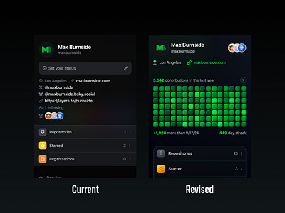 GitHub iOS 26 Contributions Graph Feature Concept vs Current UI branch code commit concept contribution git github ios ios 26 iphone liquid glass mobile phone redesign repository revise ui ux