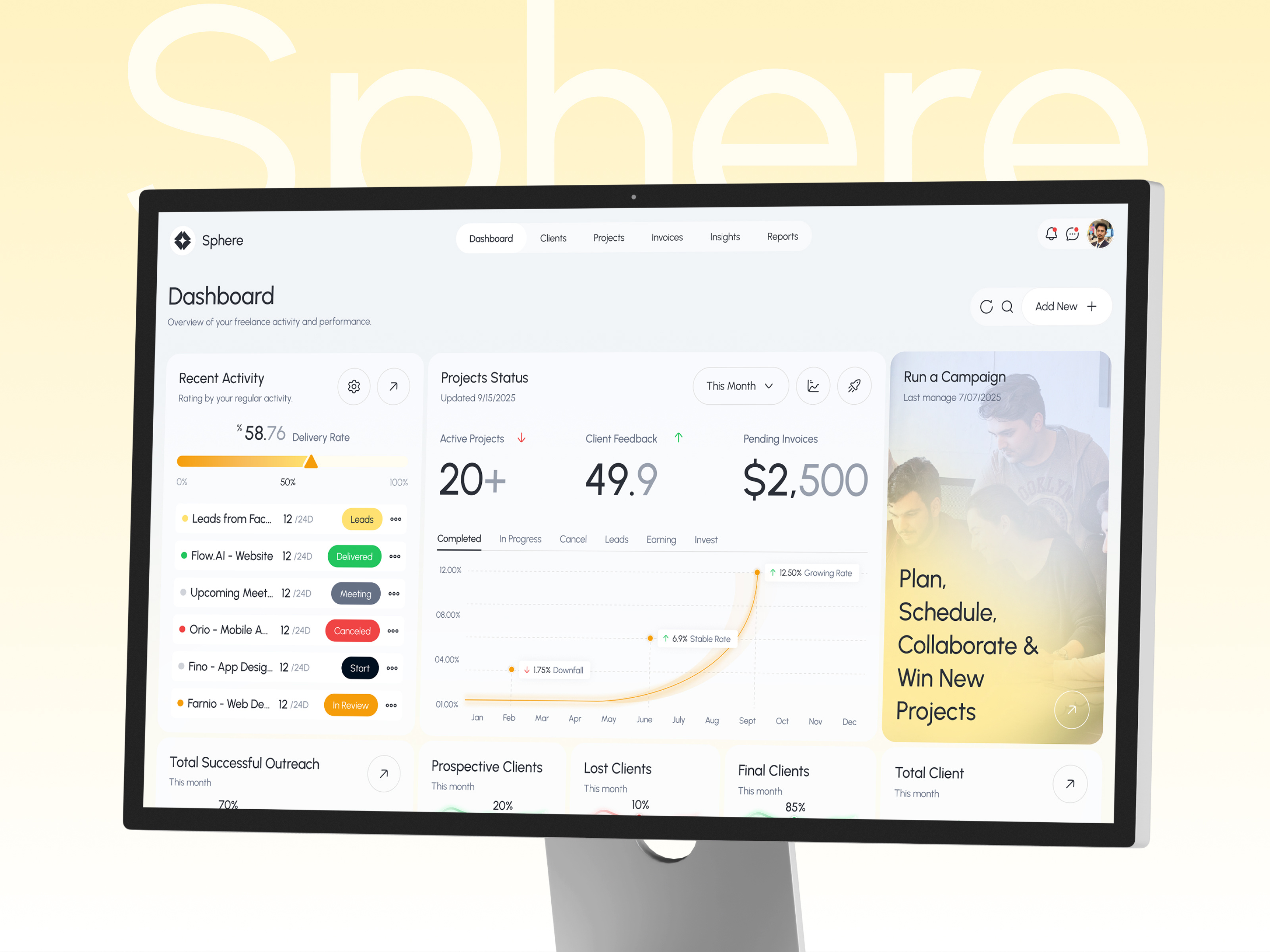 Sphere - CRM SaaS Product Design b2b crm crm dashboard crm landing page crm mobile app dashboard freelancer crm landing page landing page design mobile design product design radiyal saas saas design saas landing page ui design uiux web design web ui design website design