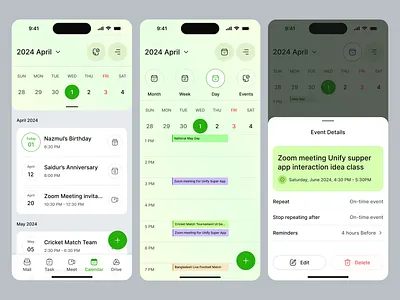 Unify Calendar App Design. calender app calender view interaction design create an event app digital workflows drive upload app event details app file customize app meet app mobile design personalised task template flow product design productivity app super app uigeek uigeek agency uigeek.co unify super productivity app visual design