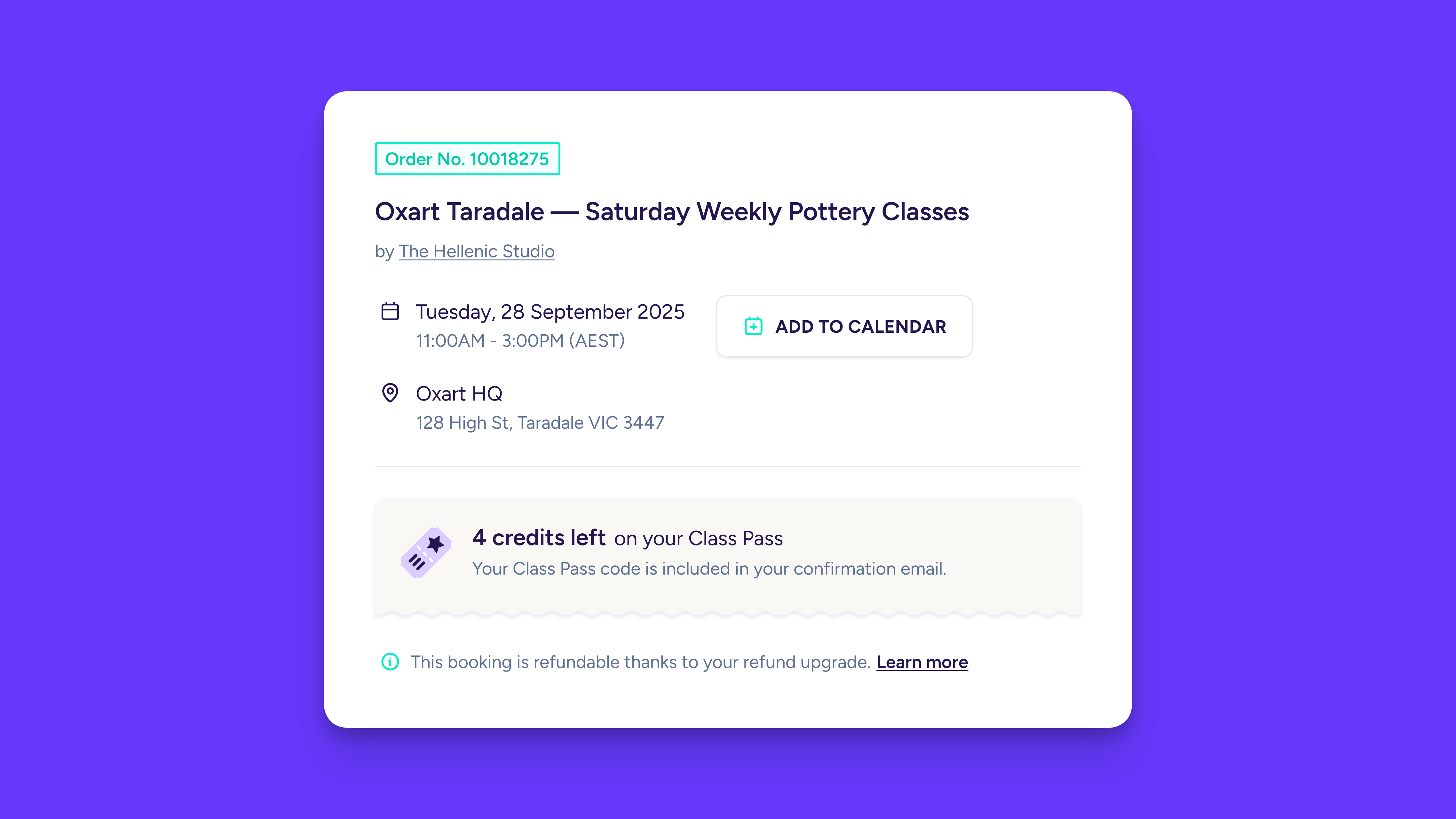 Confirmation page for Class Marketplace ui ux