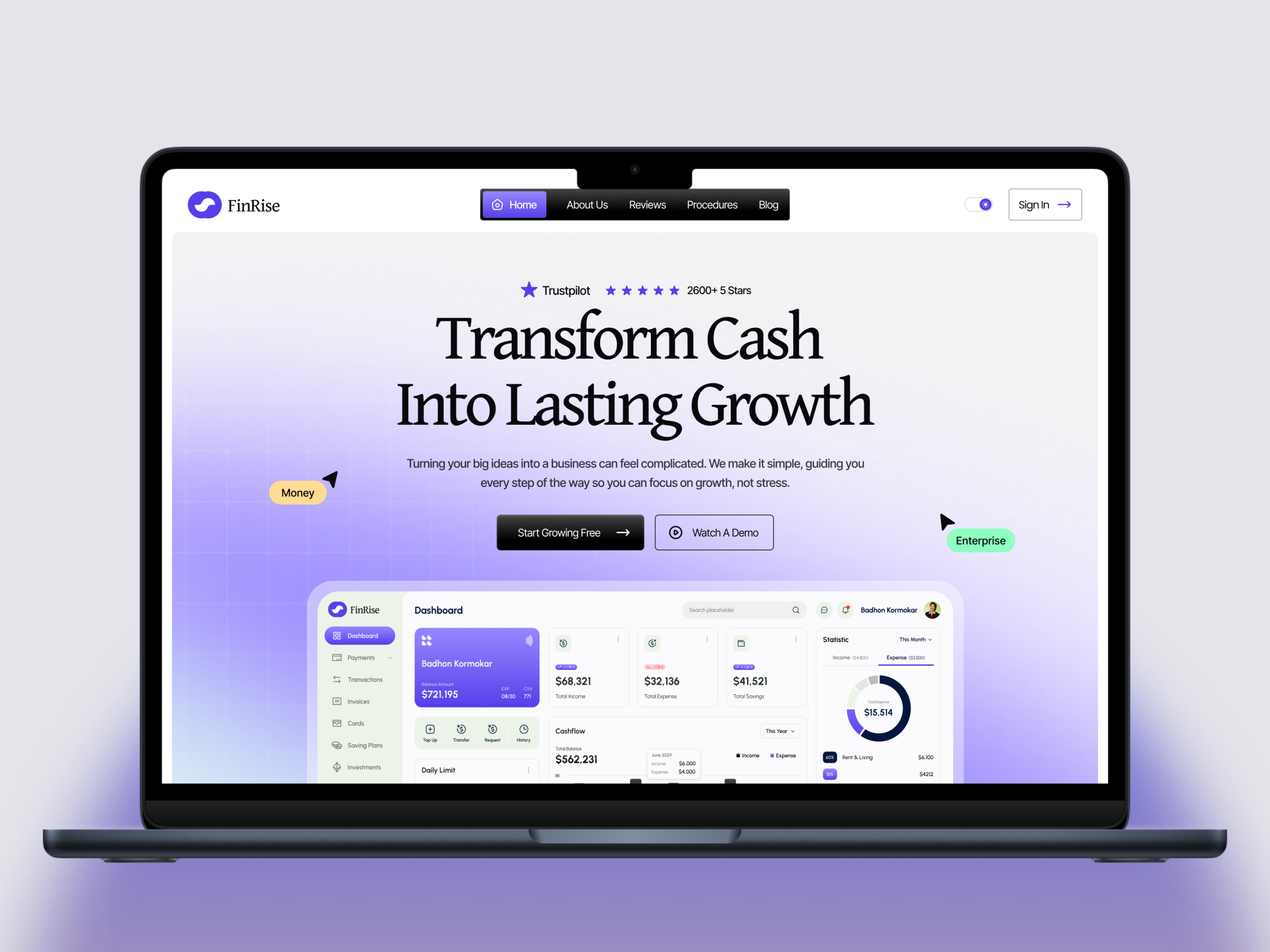 FinRise - SaaS Hero Section Design dashboard figma finance finance website financial website hero section minimal modern design saas saas hero section typography ui uiux web design