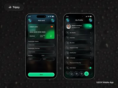 Car Rental App β Add Card & Profile account settings add card app concept app design clean design dark mode finance ui futuristic design minimal ui mobile app mobile ui modern app onboarding ui payment screen profile page settings screen ui design uiux user profile ux design