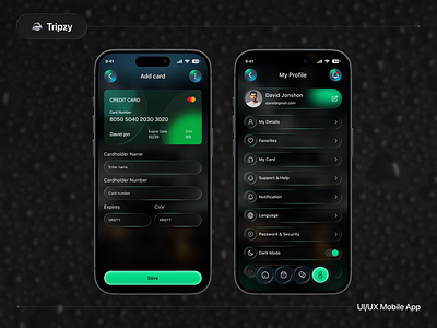Car Rental App – Add Card & Profile account settings add card app concept app design clean design dark mode finance ui futuristic design minimal ui mobile app mobile ui modern app onboarding ui payment screen profile page settings screen ui design uiux user profile ux design