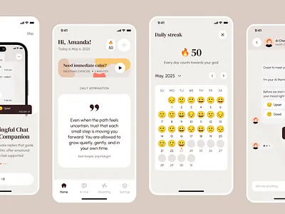 Meditation App Mobile Design affirmation app beige breathing calm cute design meditastion onboarding playful session streaks wellness