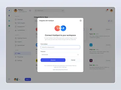 Time Tracker - Integrations Modal Design analytics b2b connected crm dashboard integrate integrations link metrics minimal modal popup product design productivity project management saas design software time management uiux web app