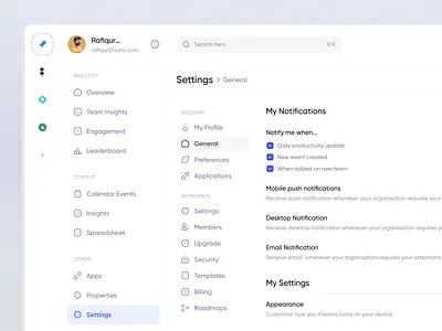 Time Tracker - Settings Page Design admin analytics billing employee monitoring from menu metrics minimal nav notifications preferences product design saas design security settings page tab team management time management toggle uiux