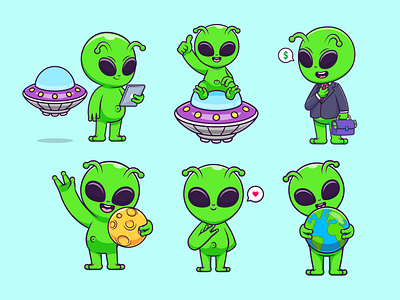 Alien Character Designs👽 alien branding cartoon character cute doodle earth fantasy flat galaxy icon illustration logo monster moon planet scifi space ufo working