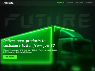 Futuristic Delivery Service Hero Section - Green Neon Design branding craxinno craxinnotechnologies custompackaging design figma design futuristicdesign graphic design hero image hero section herosection landing page landingpagedesign moderndesign neondesign nextdaydelivery ui uiux webdesign