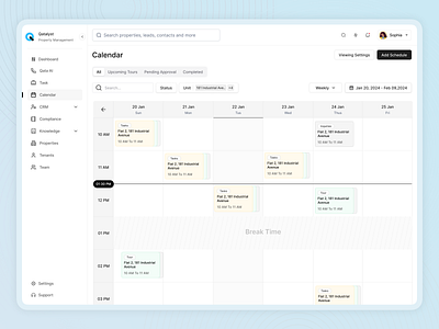 Qatalyst - Calender Screen ai conversation businesssoftware calender ui clean crmsoftware dashboarddesign home property management dashboard realestate saas saasdesign servicebasedbusiness smallbusinesstech ui ui design uiux