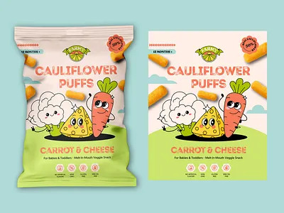 Farmy Friends Snack Design branddesign branding cartoon character cauliflower characterdesign cutedesign foodpackaging illustration kidsnacks organicfood packaging puffs snack design snackpackaging veggiesnack