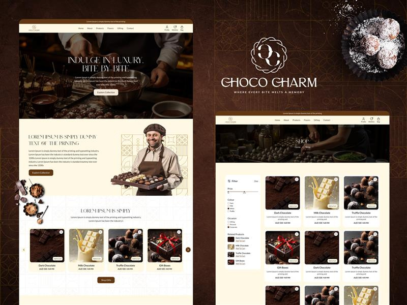 Choco Charm biteofhappiness chocodelight chocolateaddict chocolateobsession chocolove figma graphic design landingpage luxurychocolate psd shopify sweetindulgence ui ux webflow websitedesign wix wordpress xd
