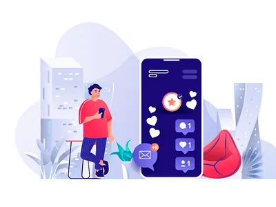 Social Network Illustration cartoon character concept flat friends graphic design illustration influence influencer landing page like media mobile network networking people social vector web website