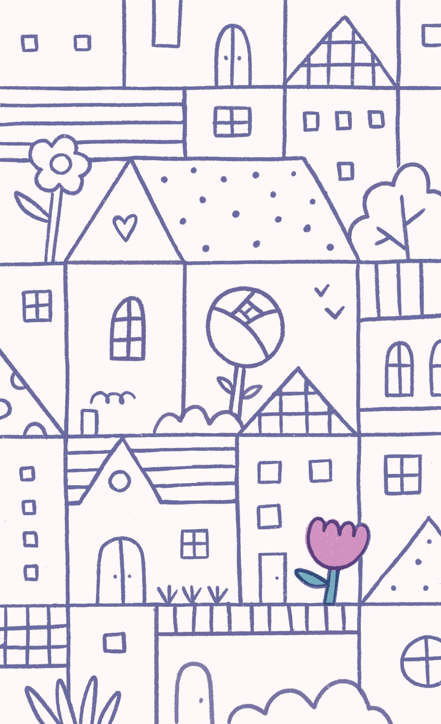 City Gardens city coloring page flowers green houses illustration line art procreate town urban