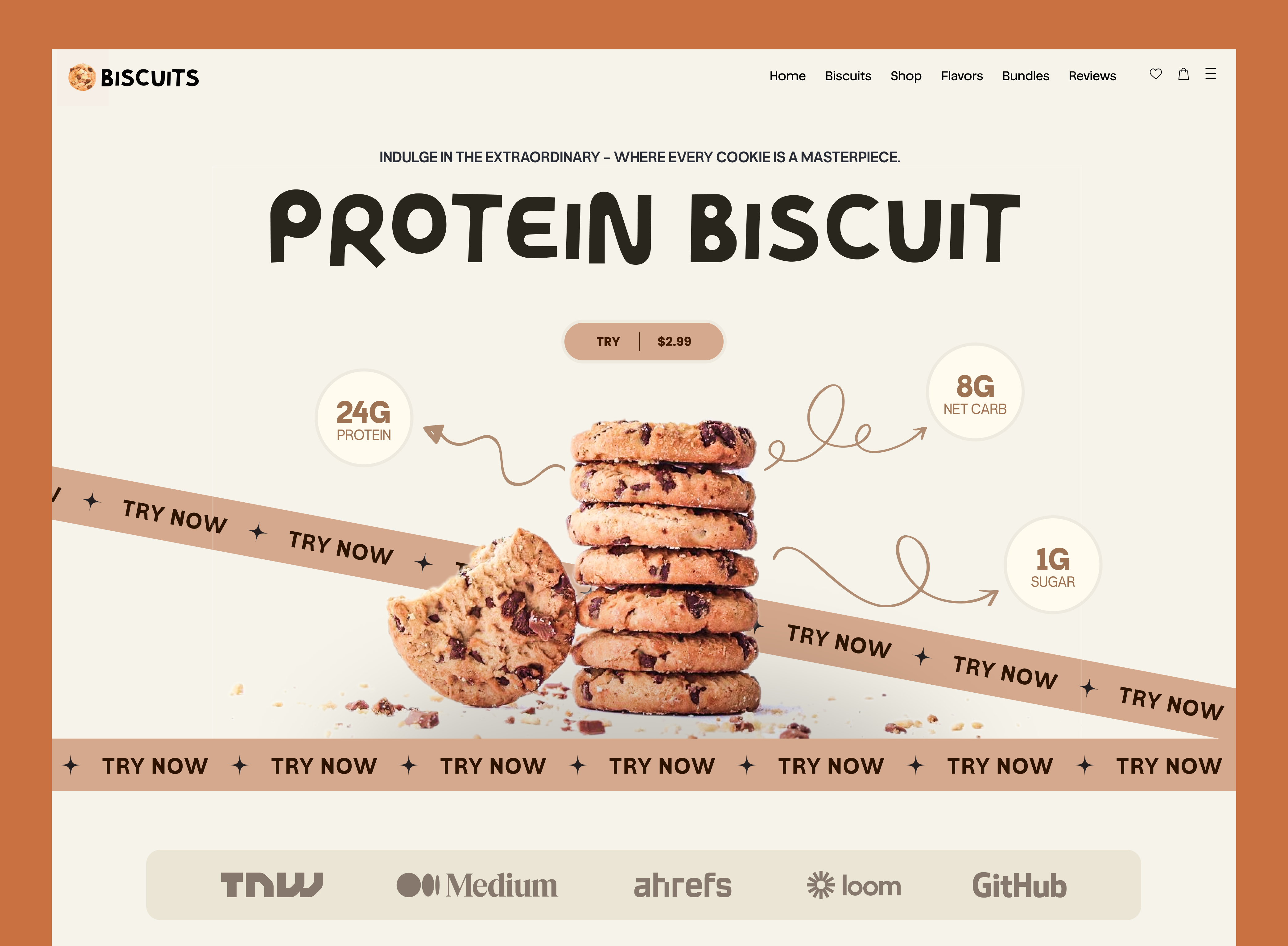 Bold Protein Biscuit Hero — Food DTC Landing UI biscuit bold ui conversion dtc ecommerce food hero section landing page modern design nutrition product protein biscuit snack typography vibrant
